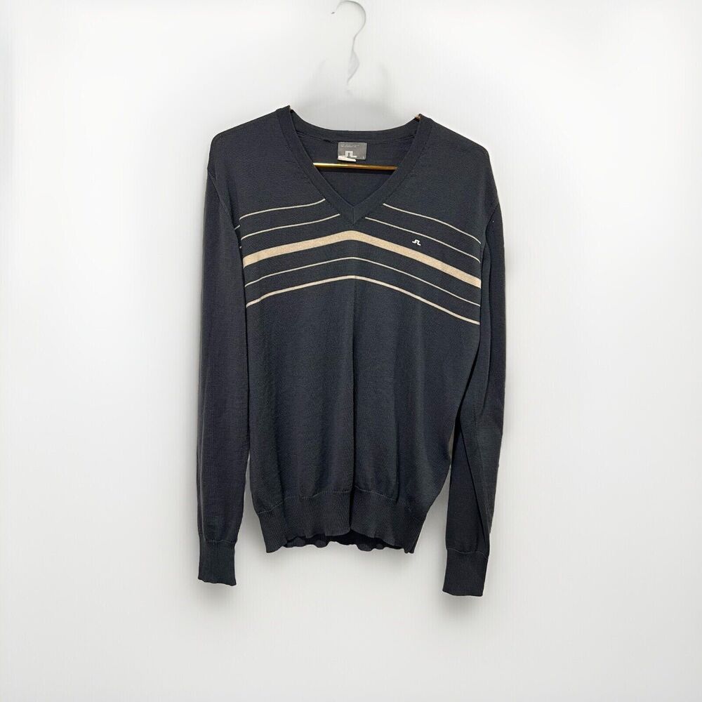 J Lindeberg Striped Sweater Men Large V-neck Pullover Merino Wool gray